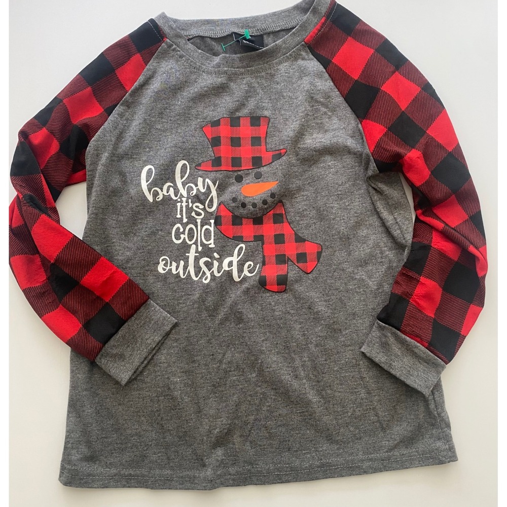 Baby It's Cold Outside Christmas Shirt Red Buffalo Plaid Raglan Size S
